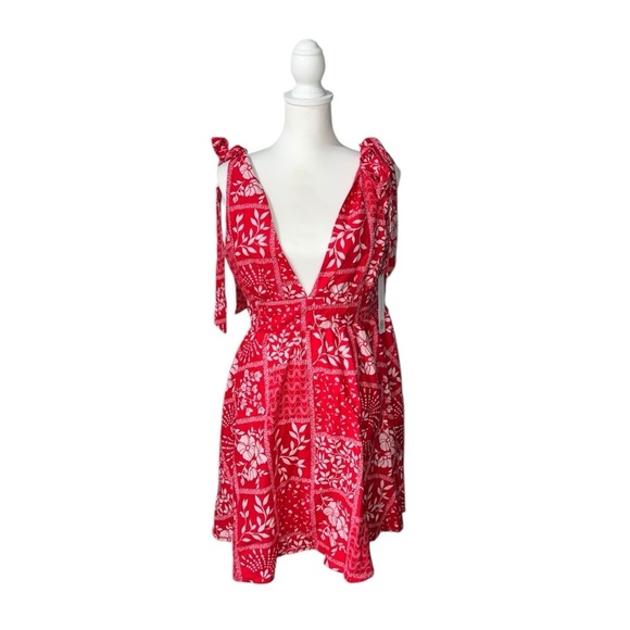 HOUSE OF HARLOW 1960 Sundress Floral Print Shoulder Tie Strap Red White linen M - Picture 1 of 12